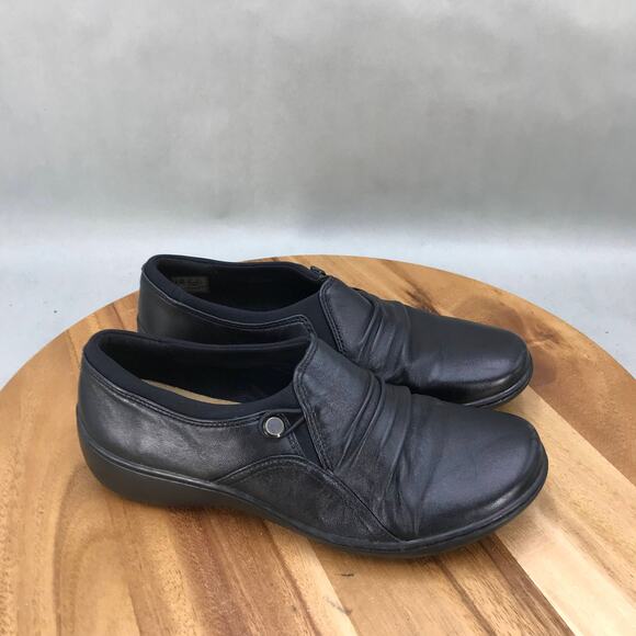 Clarks Cora Dusk Ruched Side Button Shoes Womens 8.5 M Black Leather Slip On‎ - Picture 1 of 8